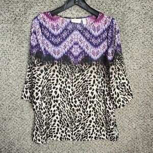 Chicos Top Womens 0 US Small Scoop Neck Satin‎ Blouse Sheer 3/4 Sleeve Ladies